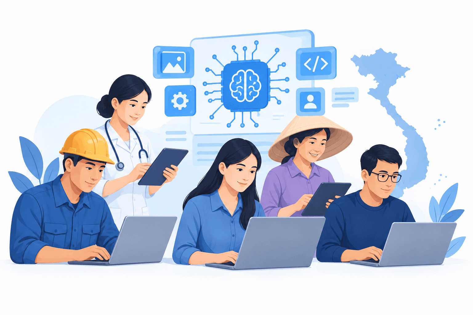 Illustration of workers learning digital skills for the Vietnam AI skills plan