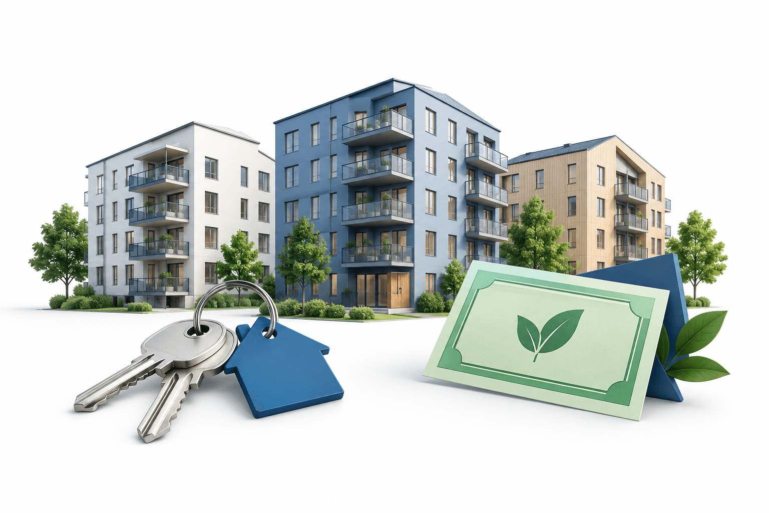 Illustration of apartment buildings and rental keys representing Heimstaden results