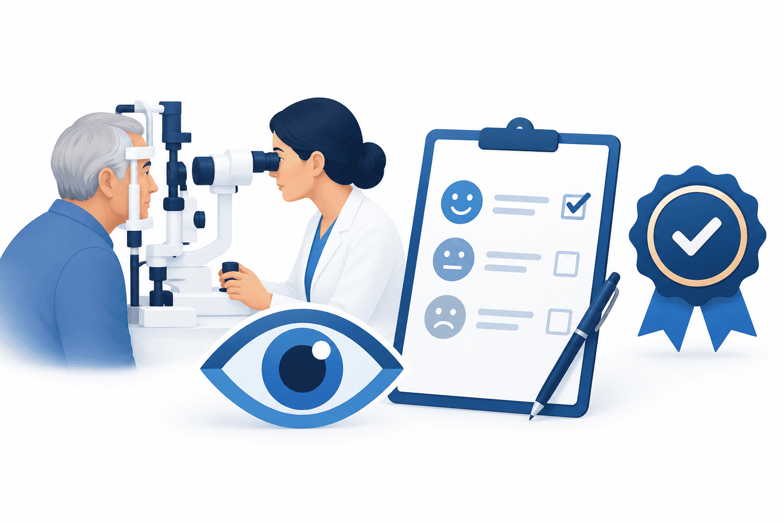 Illustration of cataract surgery accreditation with an eye symbol and patient feedback questionnaire.