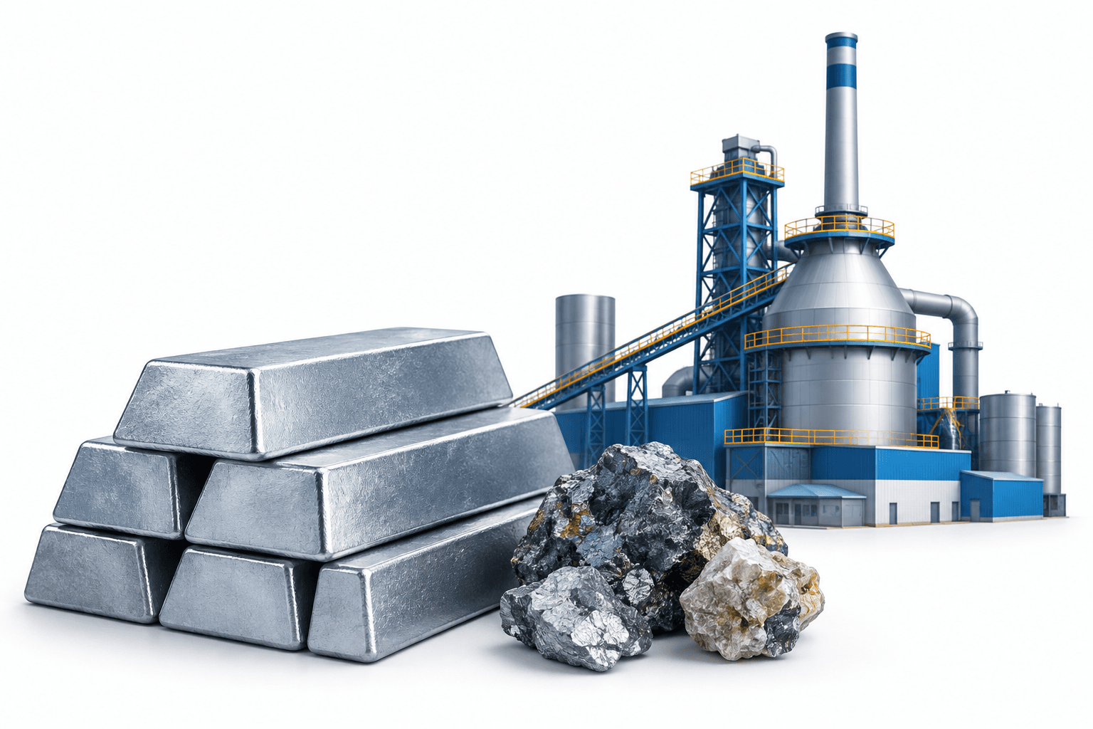 Concept illustration of Hindustan Zinc production with metal ingots, a smelter and mineral samples