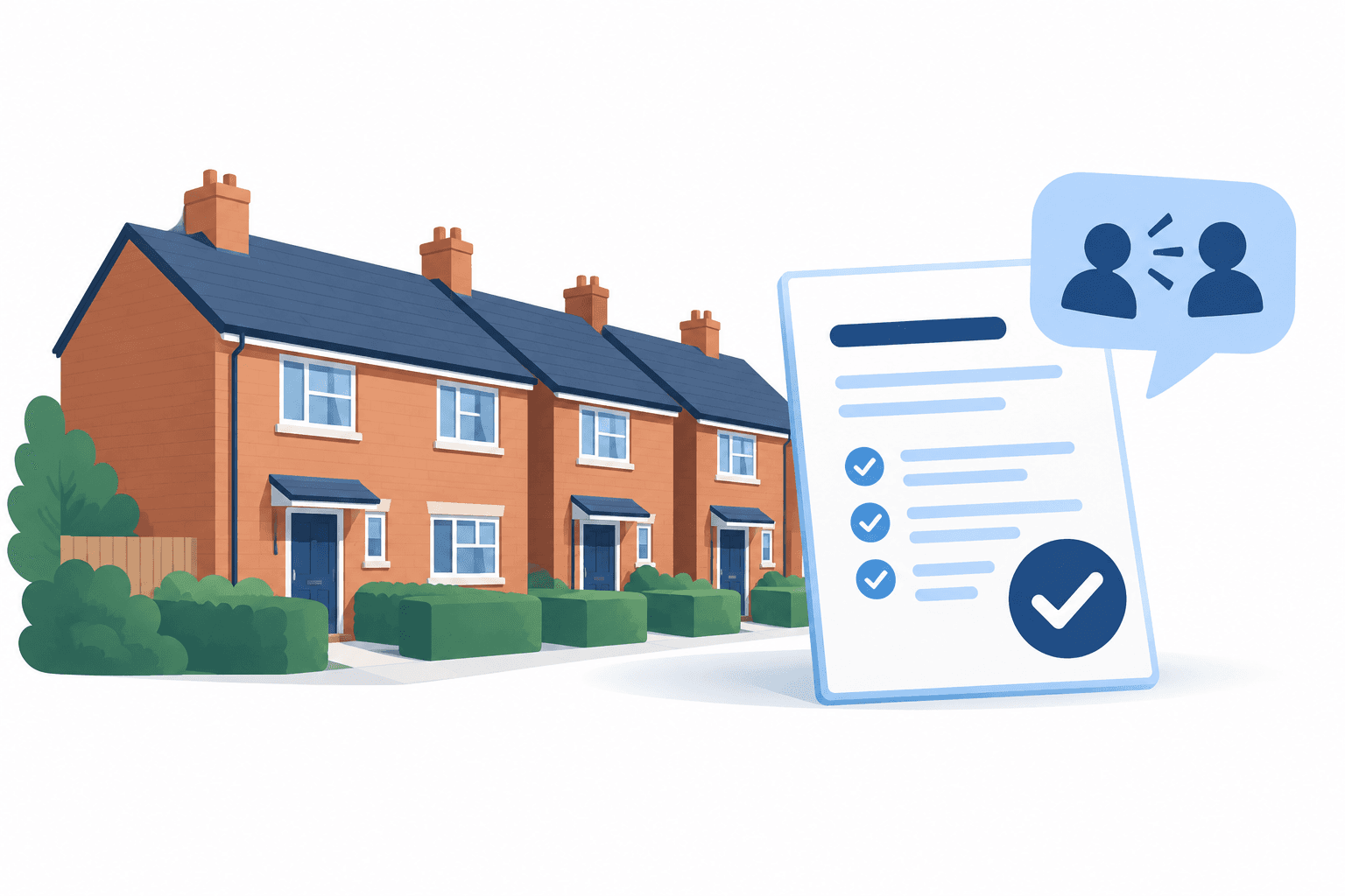 Illustration of homes and a complaint document representing social housing complaints.