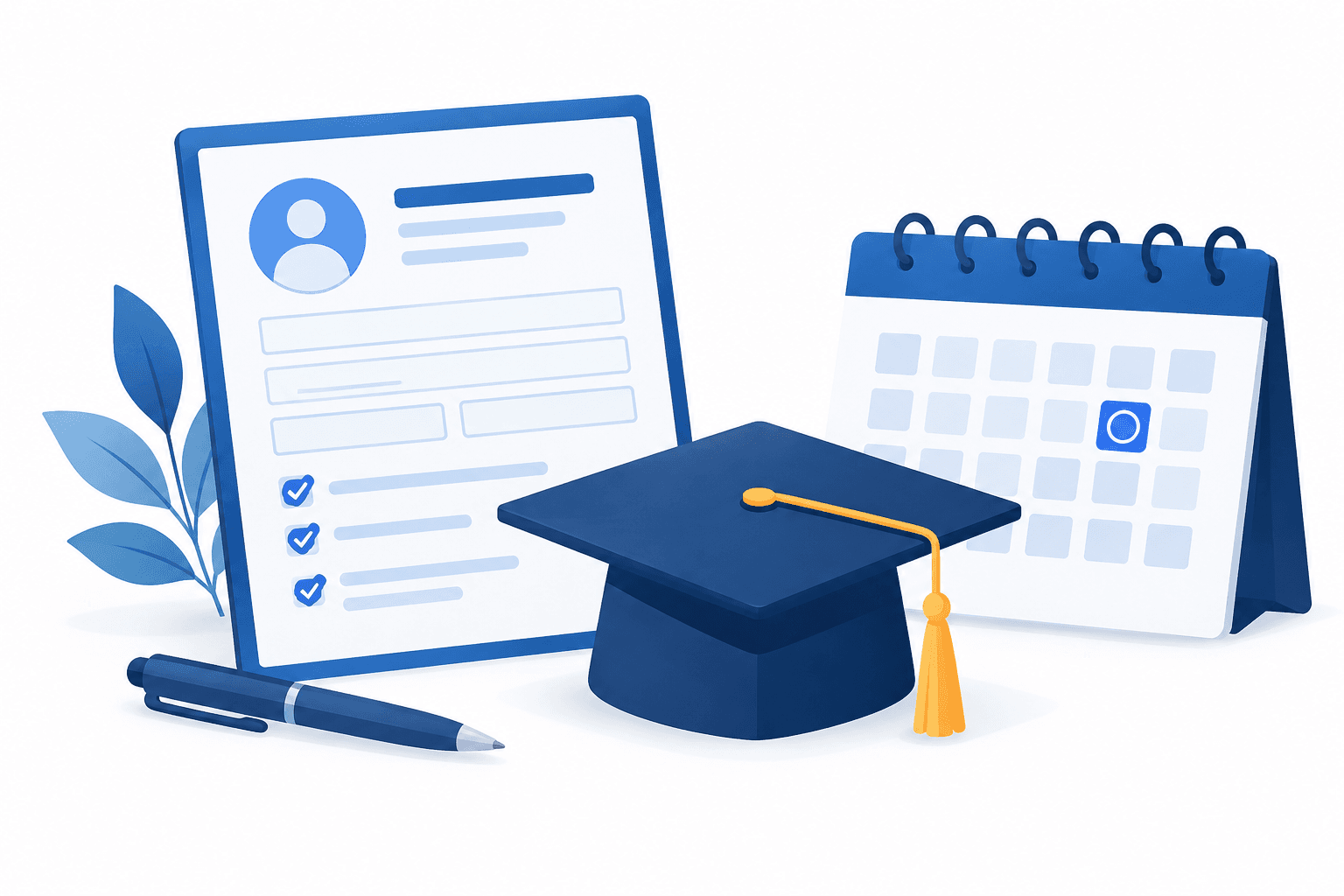 Illustration of a form, calendar and graduation cap representing UGC NET registration