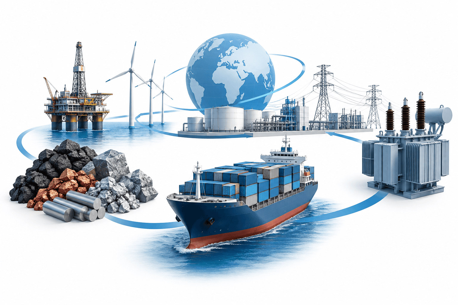 Energy supply chains illustrated with interconnected infrastructure, shipping and mineral resources