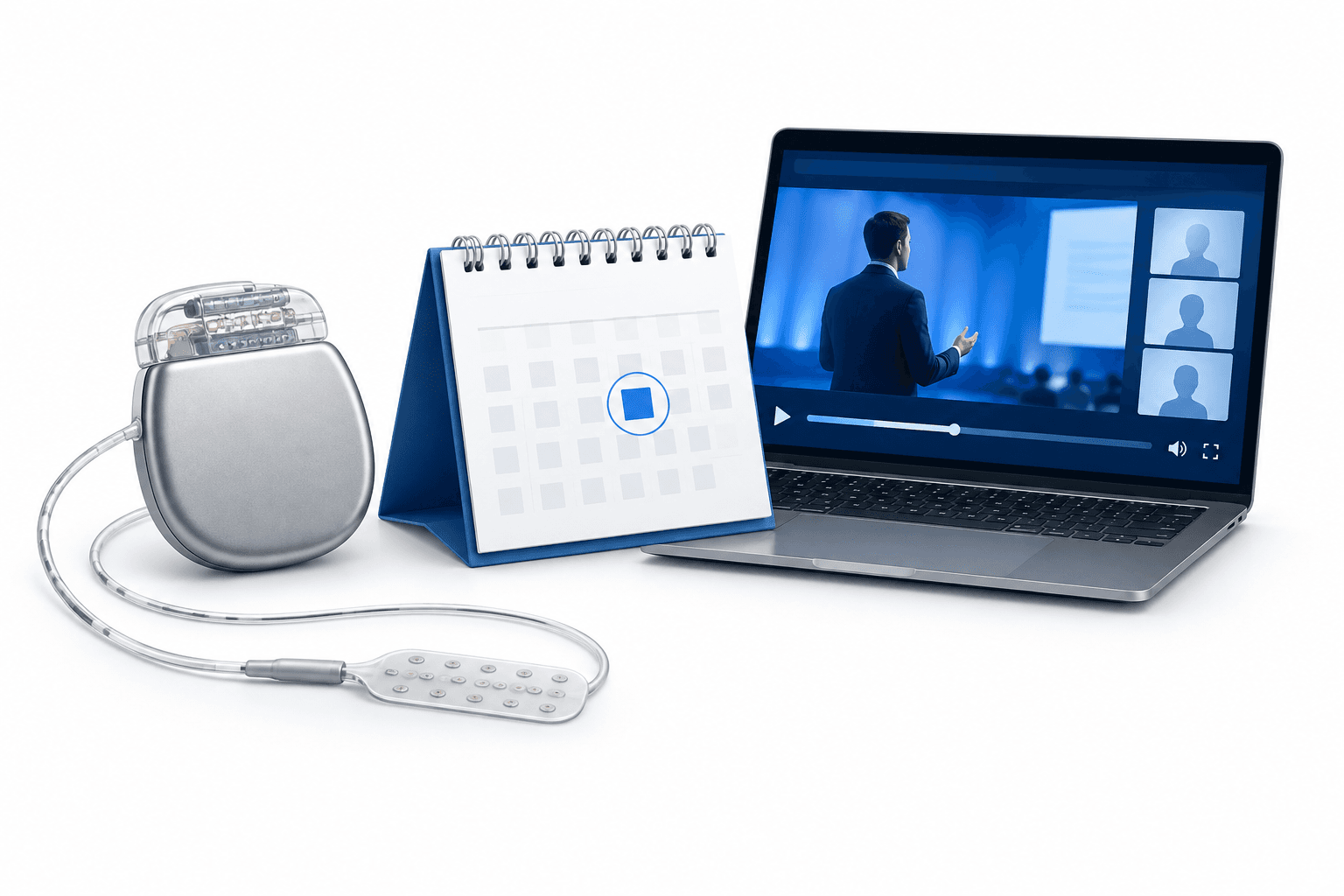 Illustration of a neurostimulation device, calendar and webcast screen for ONWARD Medical results