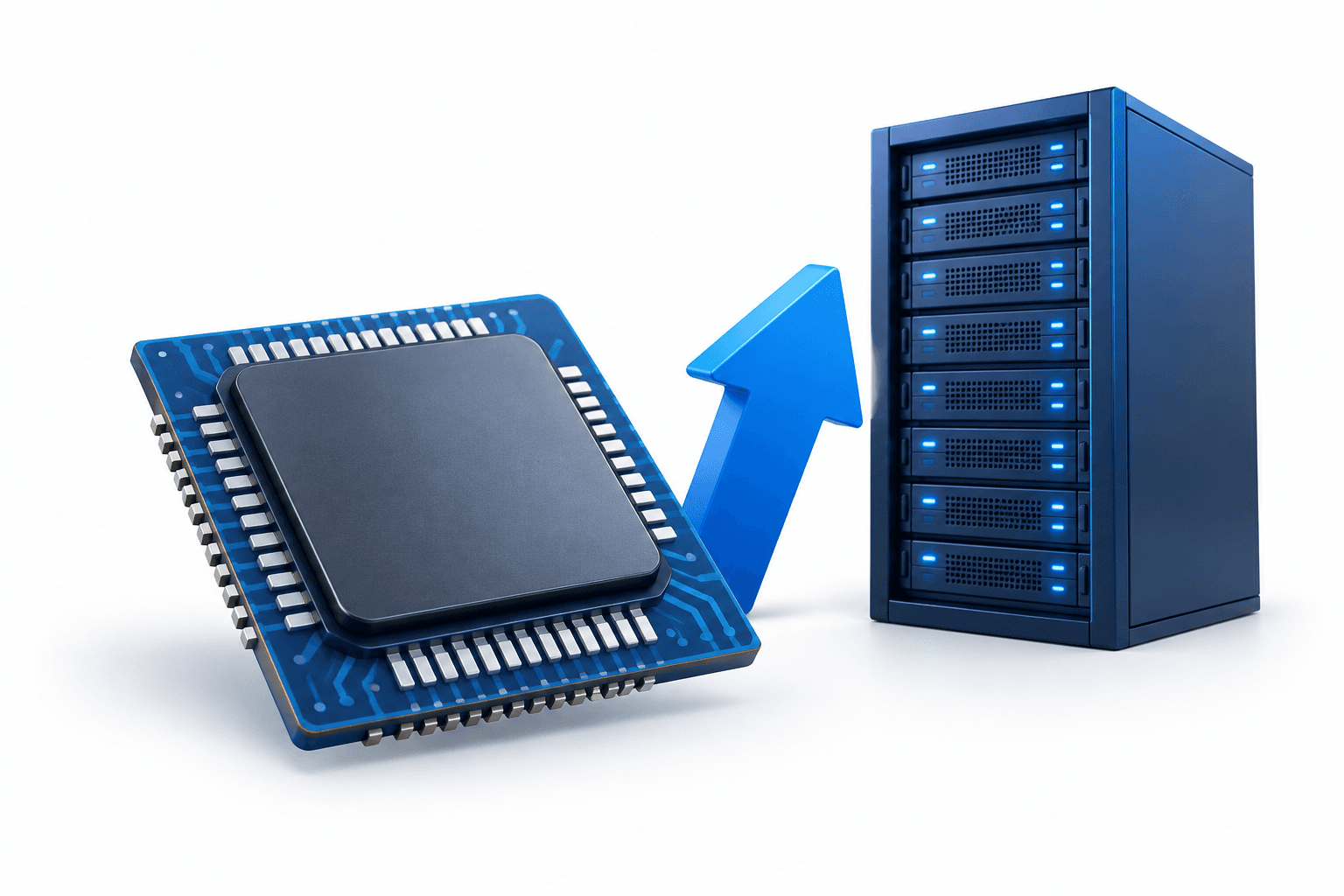 Illustration of a semiconductor chip and server representing Nvidia stock