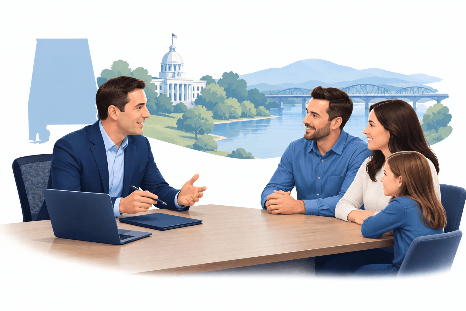 Illustration of a financial advisor and family representing the LPL Financial advisor move in Alabama