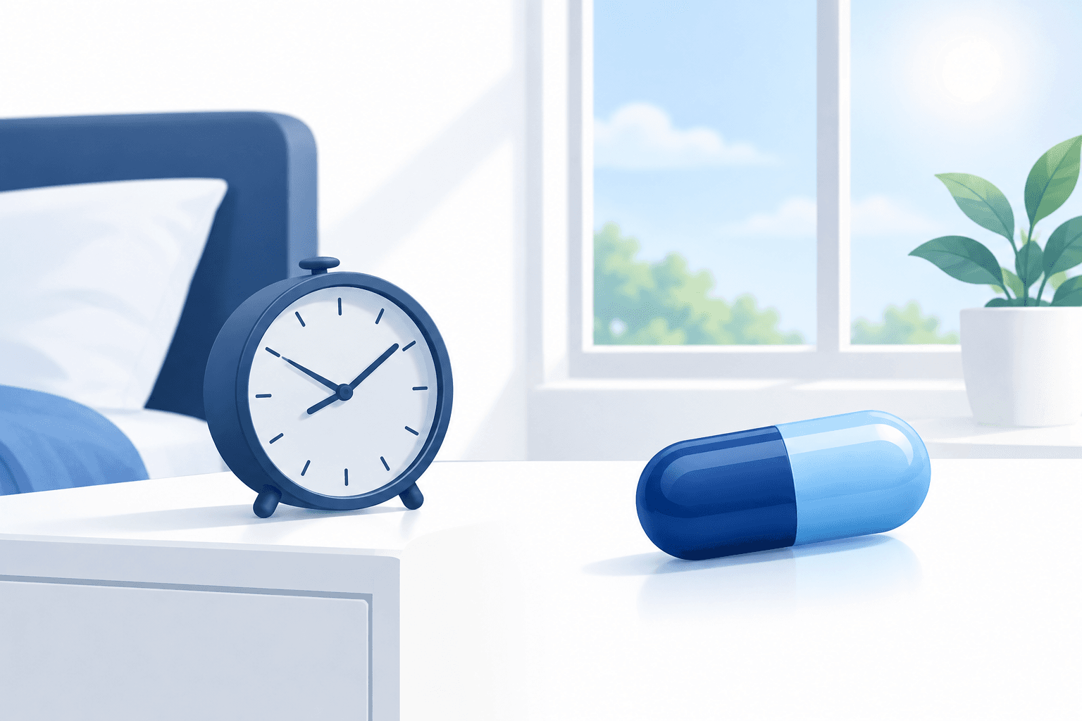 Illustration of a bedside clock, daytime window and capsule for the QUVIVIQ label update study