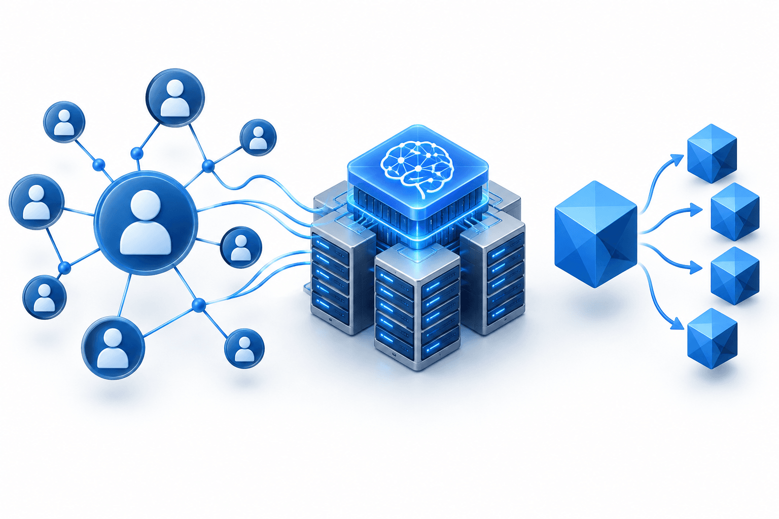 Conceptual Meta earnings illustration showing connected digital networks, AI computing and a divided share unit.
