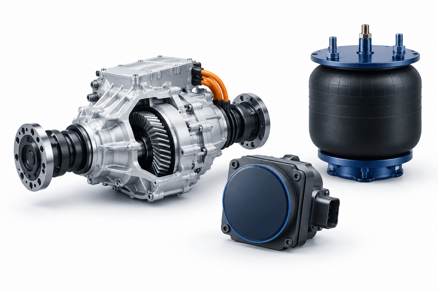 Illustration of electric vehicle and railway components representing Sona Comstar shares