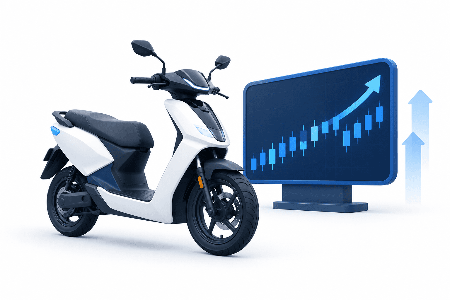 Concept illustration of an electric scooter and market display representing Ather Energy shares