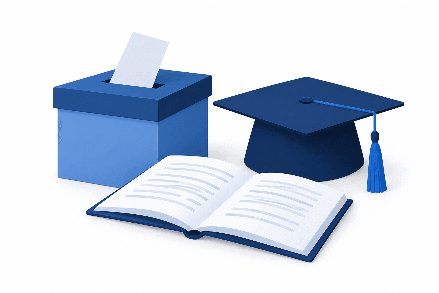 Illustration of a ballot box, graduation cap and document representing the Jamia student protest
