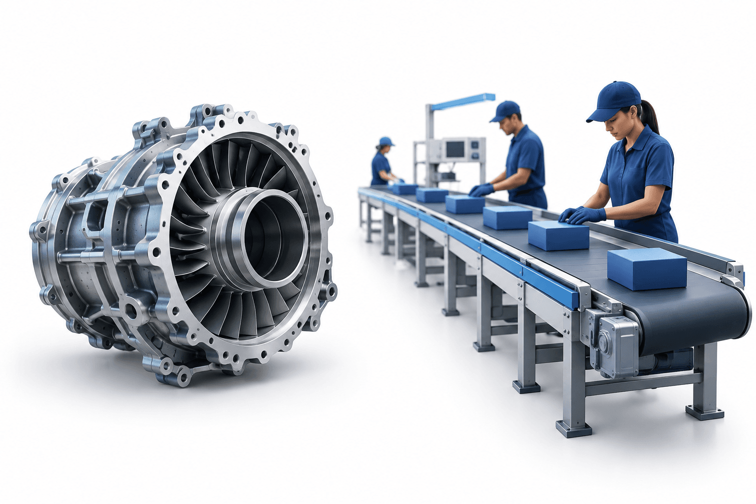 Illustration of aerospace components and a consumer production line representing Aequs shares