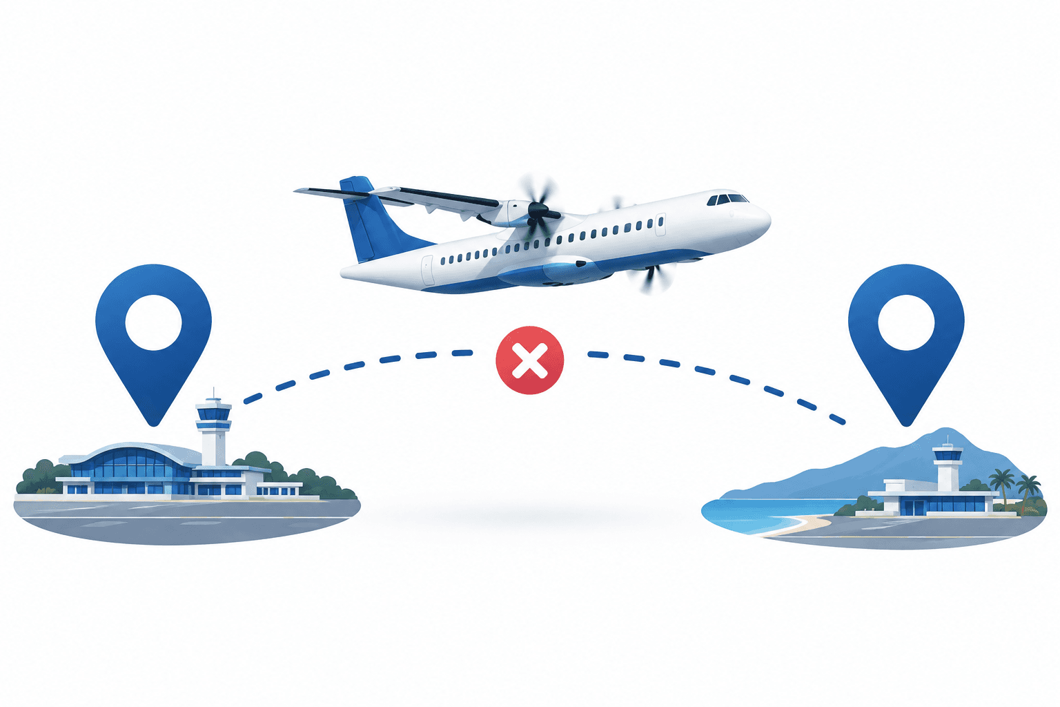 Illustration of a turboprop plane and airport markers representing suspended Cebu Pacific flights.