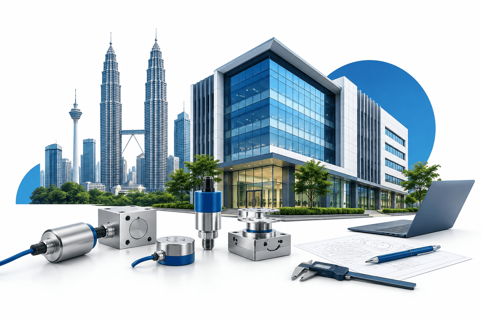 Illustration of Kistler headquarters in Kuala Lumpur with measurement sensors and engineering tools