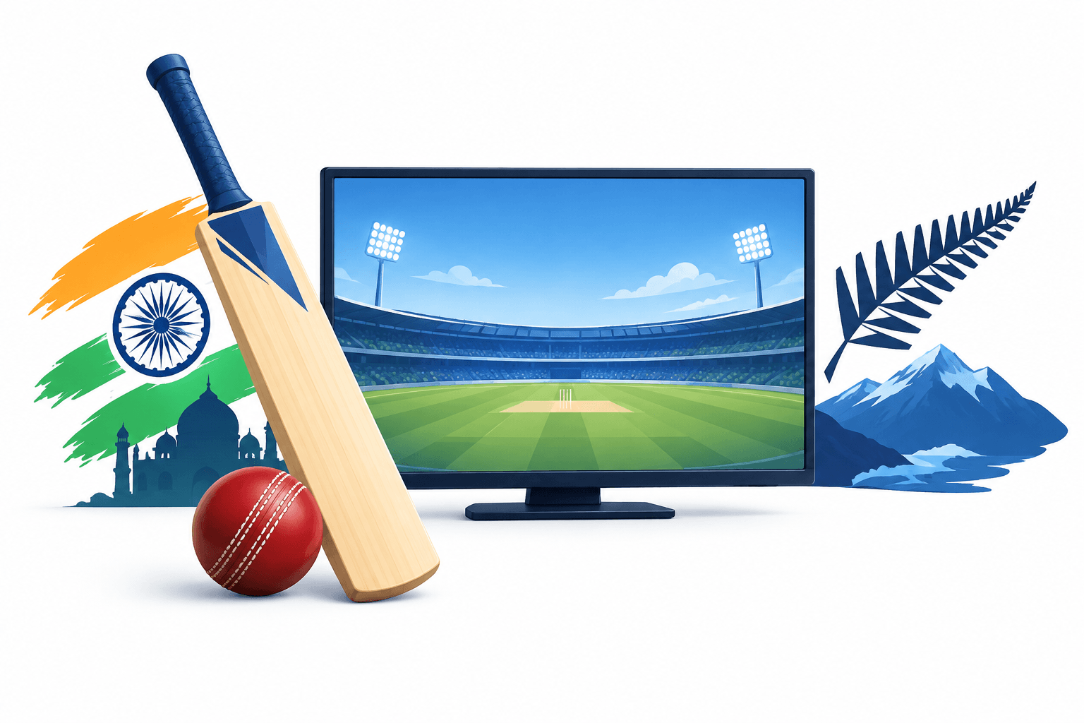 Illustration of cricket equipment and a television for India vs New Zealand coverage