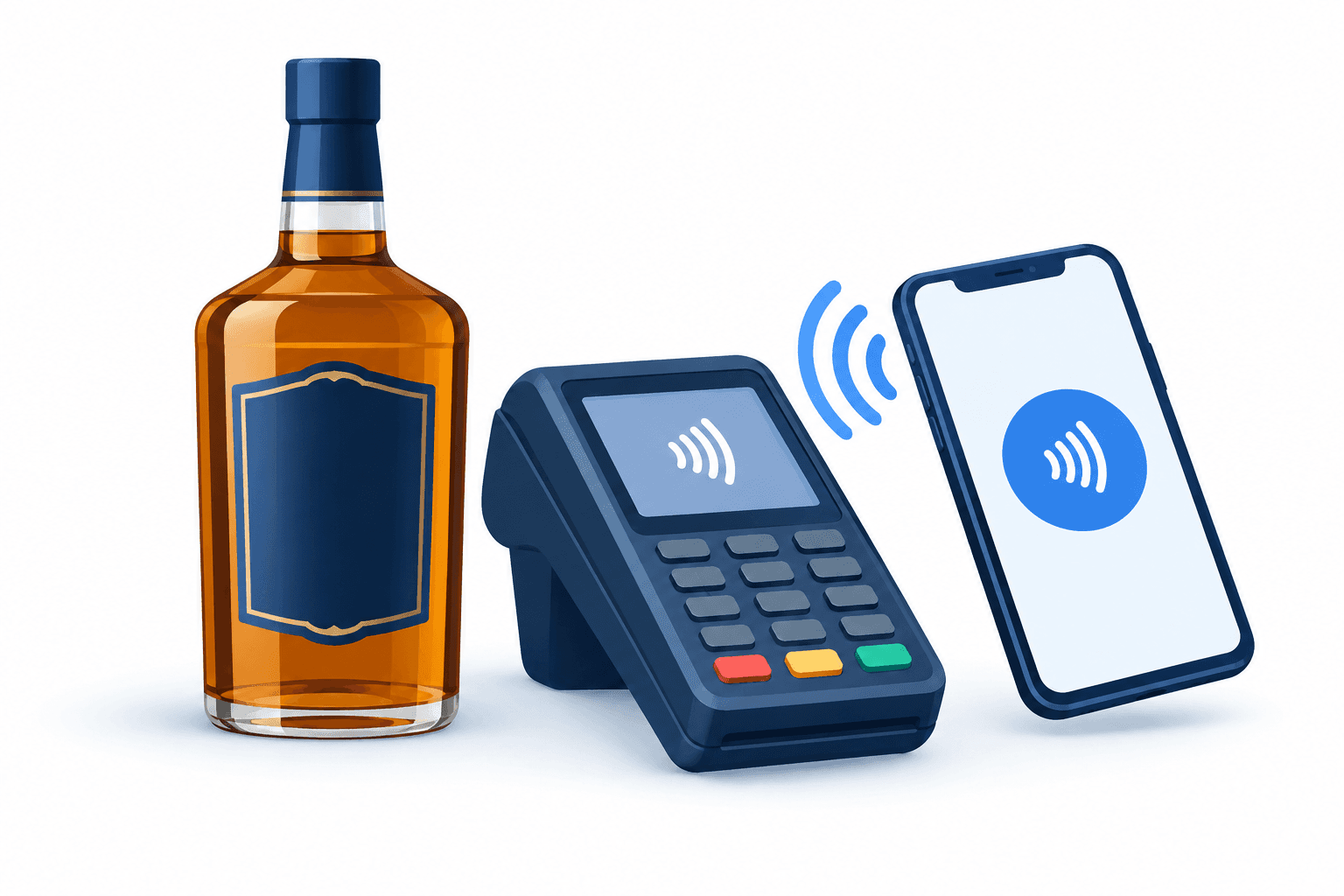 Illustration of a liquor bottle and digital payment terminal representing TASMAC payment rules