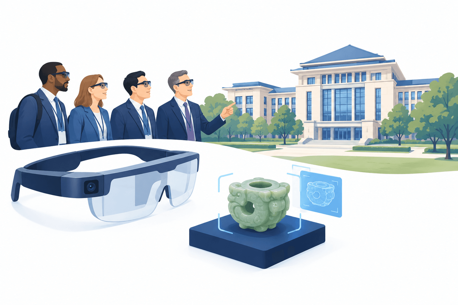 Illustration of technology, archaeology and a university representing the Zhejiang tour