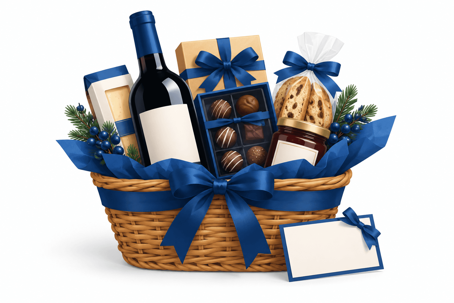 Illustration of holiday gift baskets with wine and gourmet treats