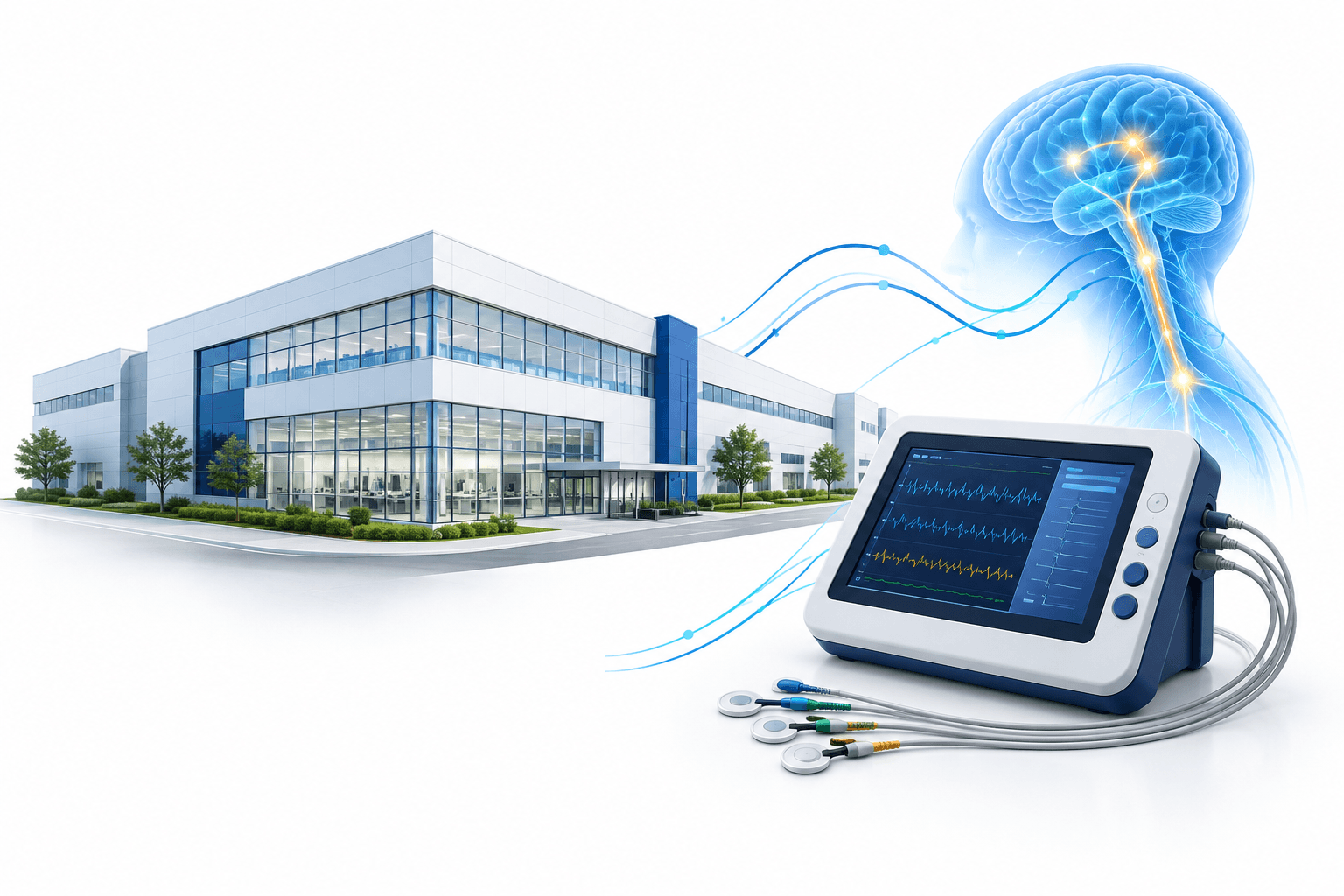 Concept illustration of the Natus Suzhou facility and neurodiagnostic technology