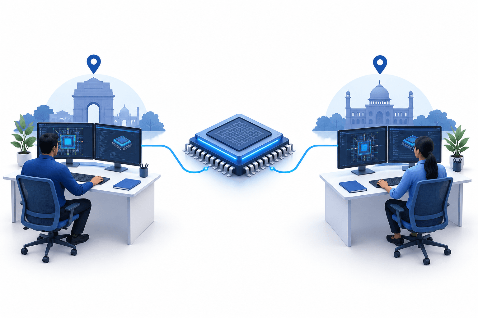 Illustration of chip design workstations representing the Rapidus semiconductor partnership