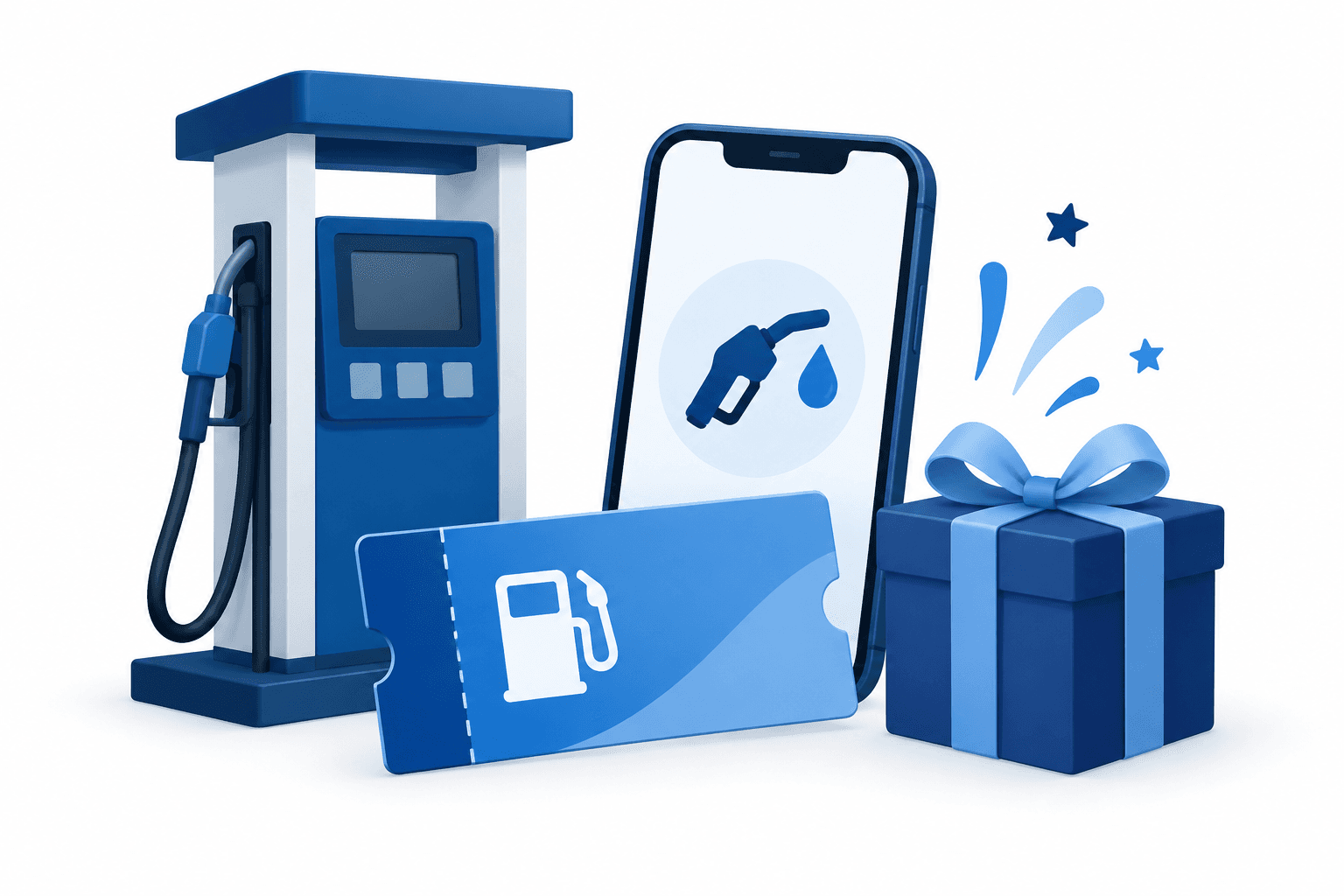 Illustration of a fuel pump, phone, voucher and gift box representing Caltex Singapore anniversary promotions