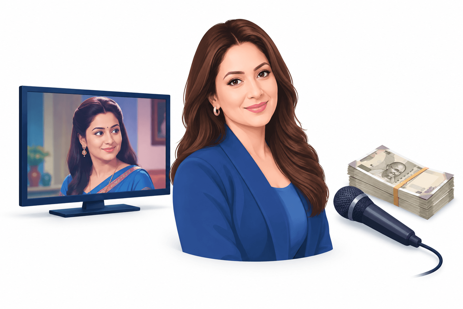 Illustration of a television, microphone and rupee notes representing Munmun Dutta and her early career