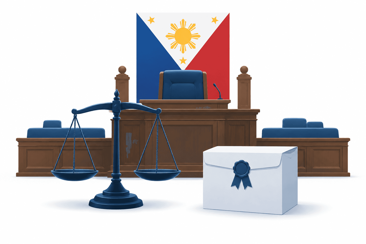 Illustration of a legislative bench and scales representing the Duterte impeachment trial