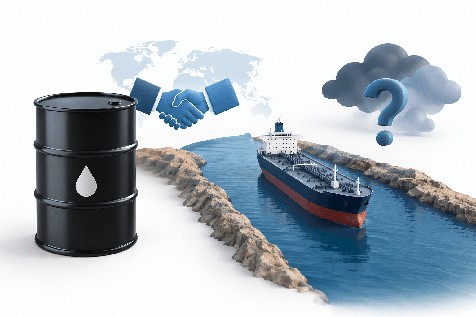 Concept illustration of oil prices and shipping risk, with an oil barrel and vessel beside a narrow waterway