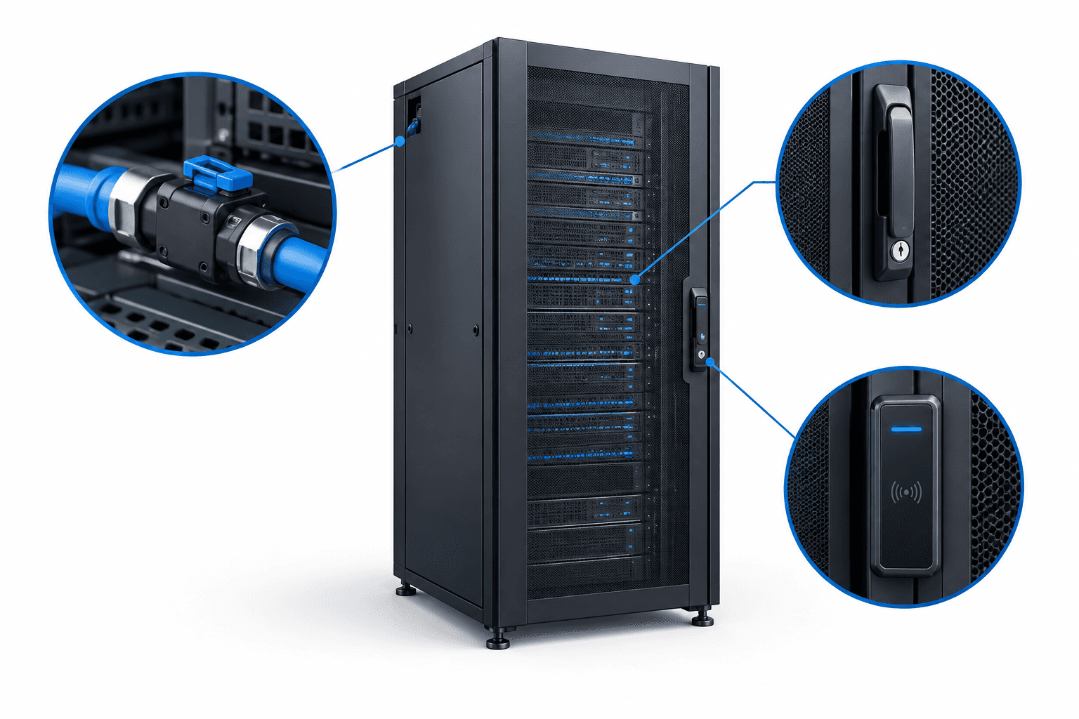 Illustration of Southco data center hardware concepts including a rack, cooling connector and access controls