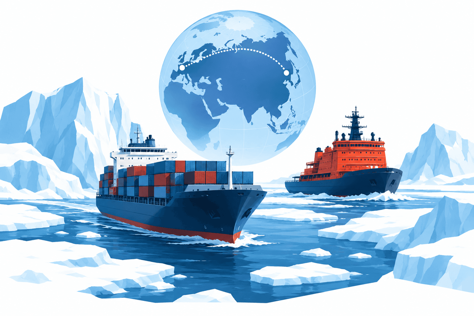 Concept illustration of Arctic shipping with a cargo ship and icebreaker among ice formations