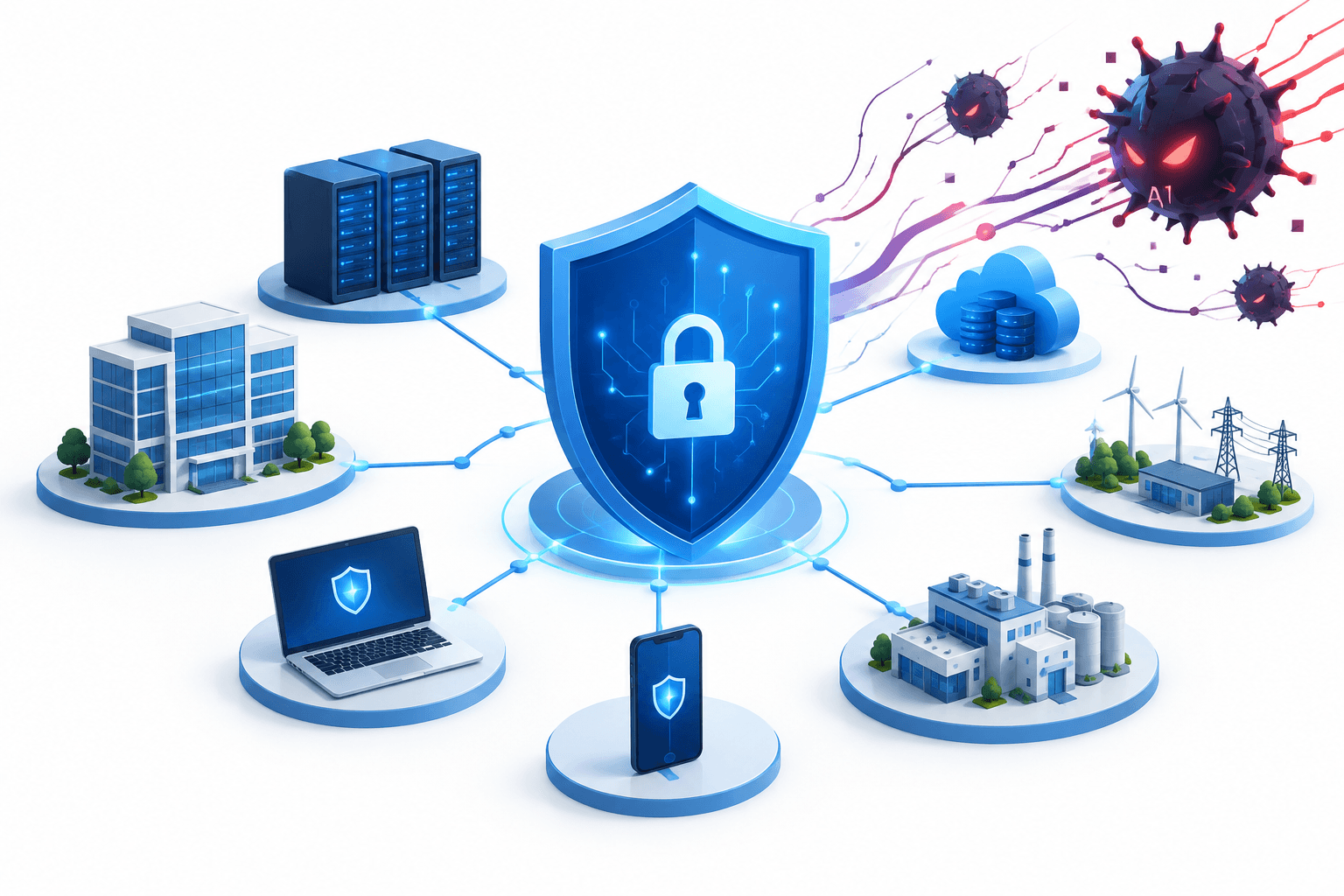 Illustration of a digital shield protecting connected systems for an Australia cyber warning