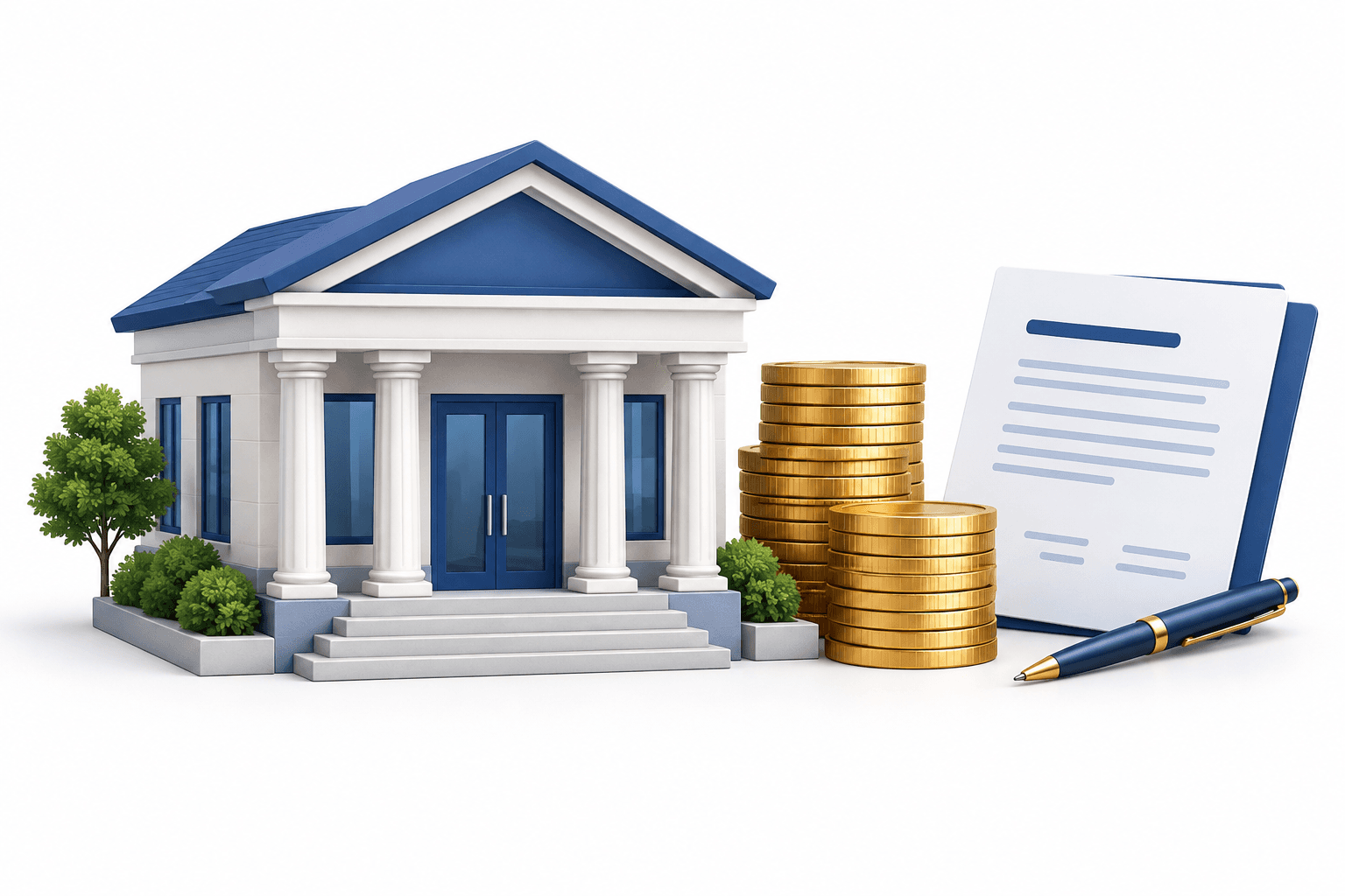 Illustration of a bank, coins and a loan document representing Five Star Bancorp earnings