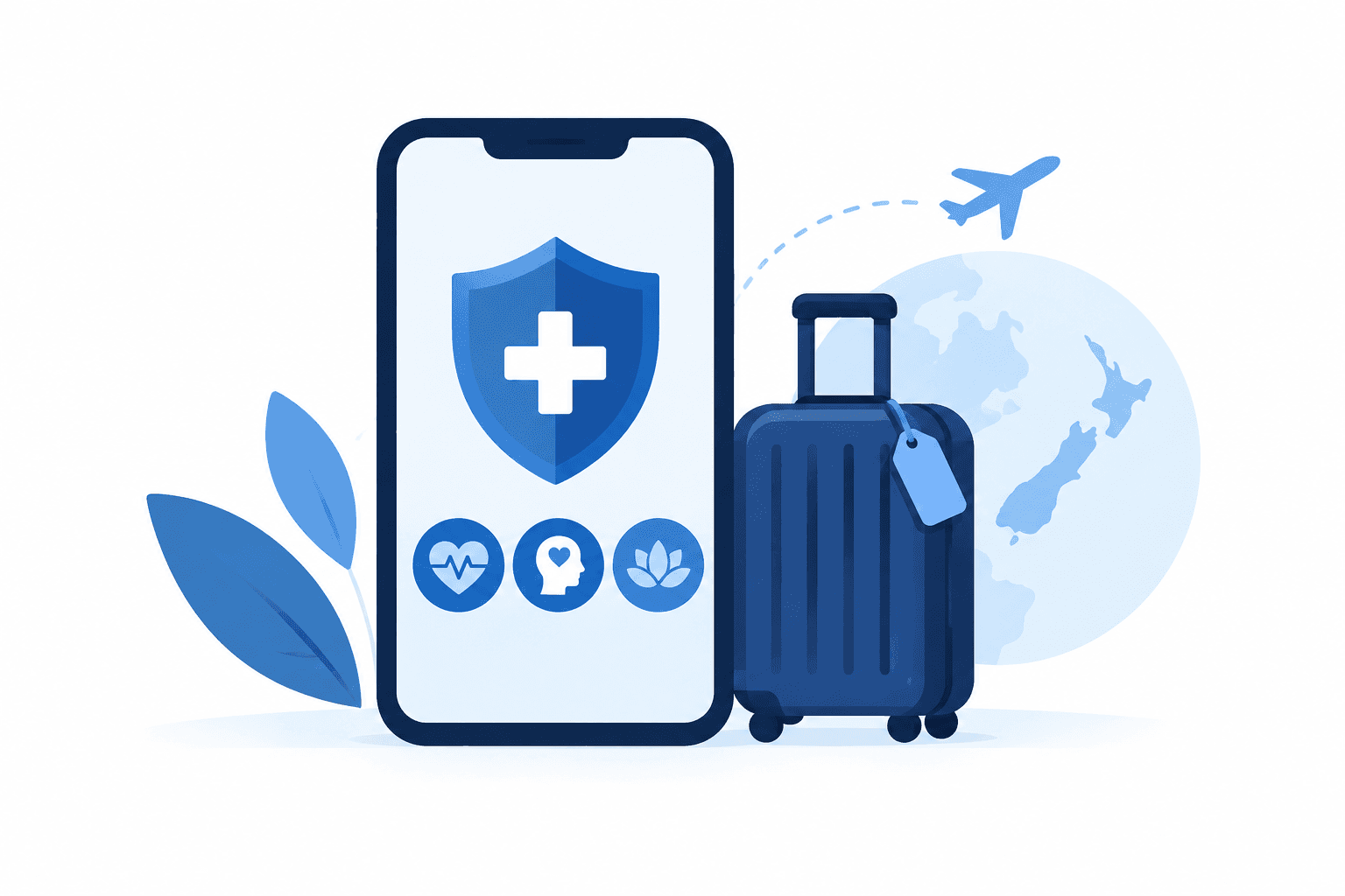 Illustration of a phone, safety and wellbeing symbols and a suitcase representing Studentsafe insurance support