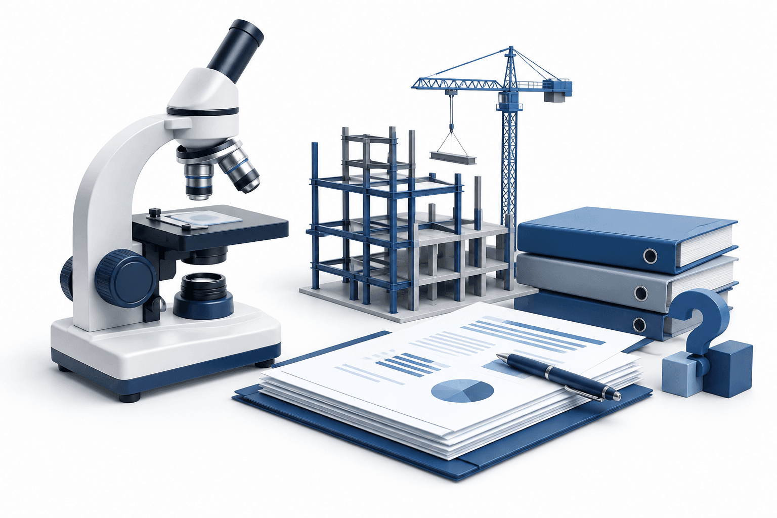 Concept illustration of a microscope, construction framework and documents representing the Phaos going concern disclosure