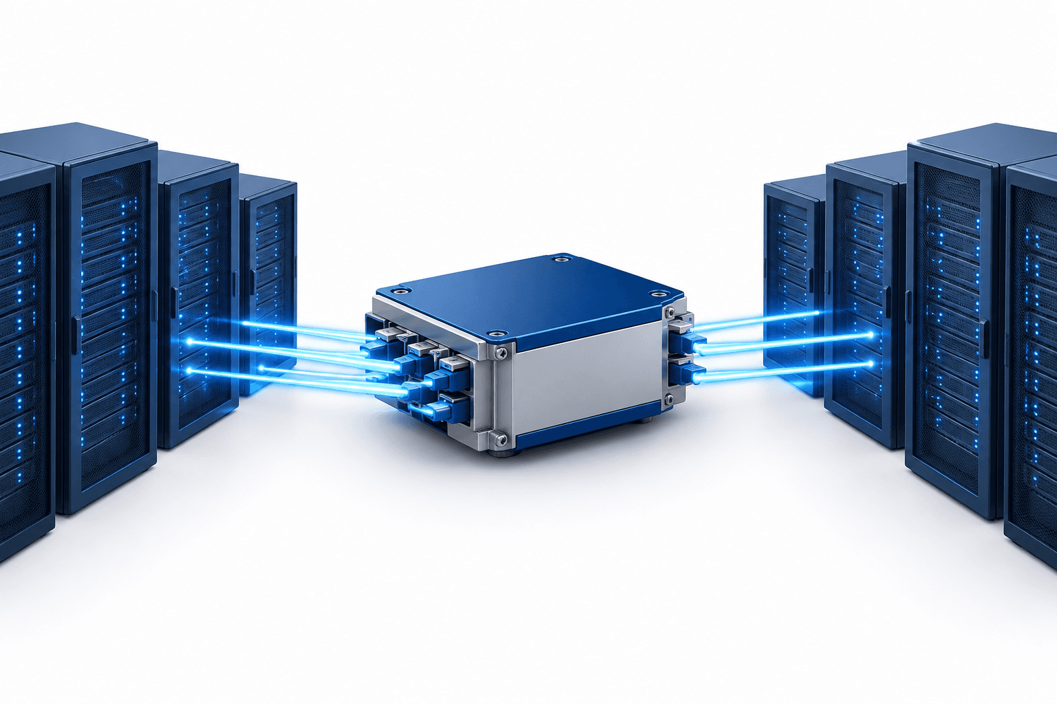 Concept illustration of optical connections between data-center racks following the iPronics CEO appointment.