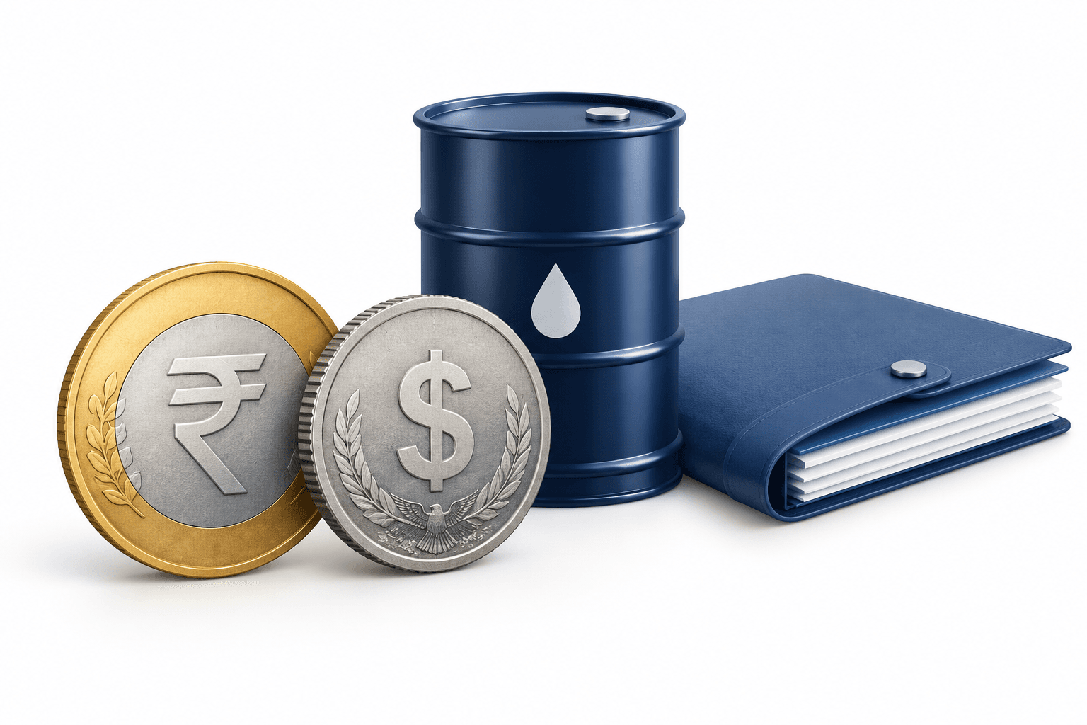 Illustration of rupee and dollar coins with an oil barrel and portfolio document representing the rupee exchange rate
