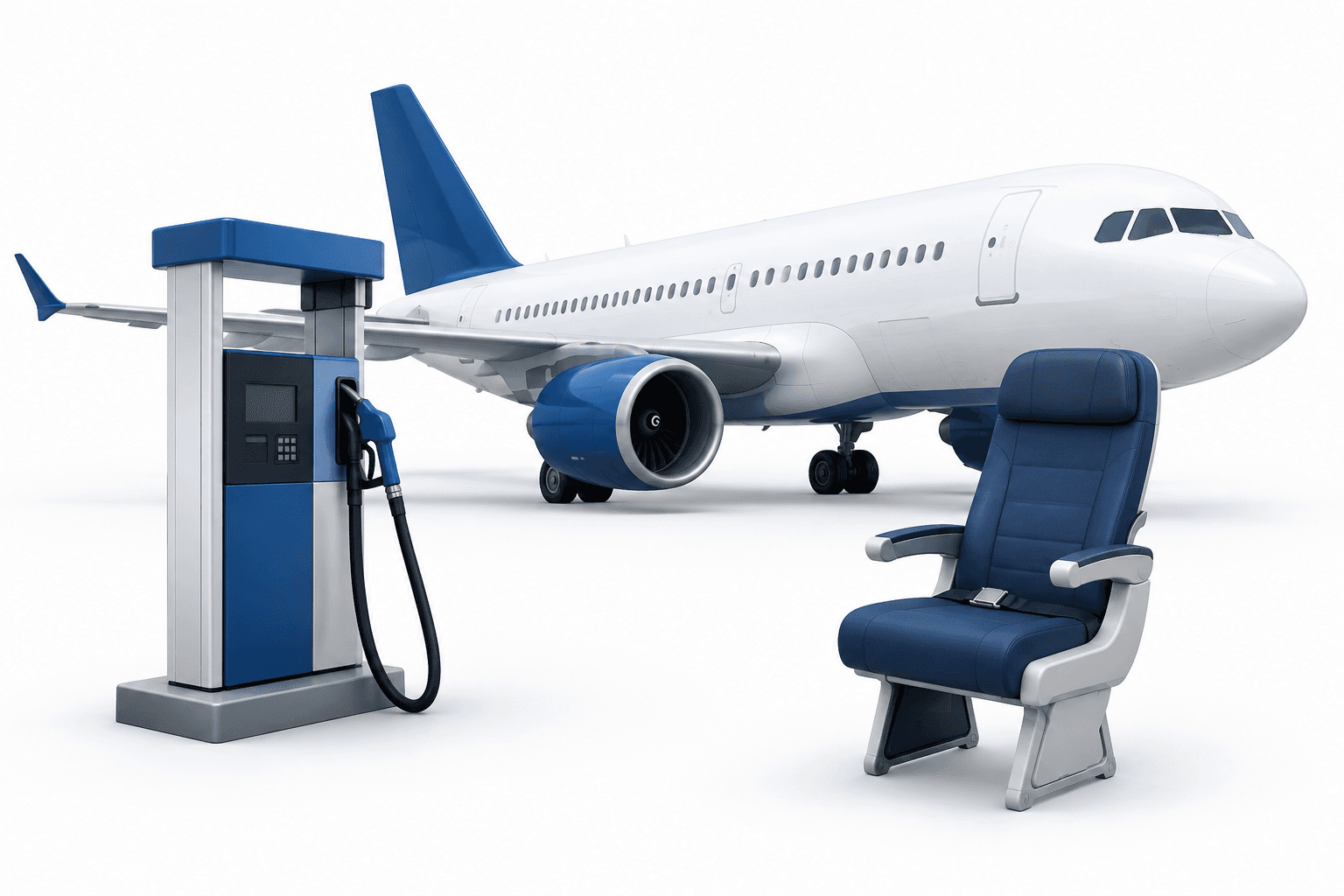 Illustration of an aircraft, fuel pump and passenger seat representing JetBlue earnings