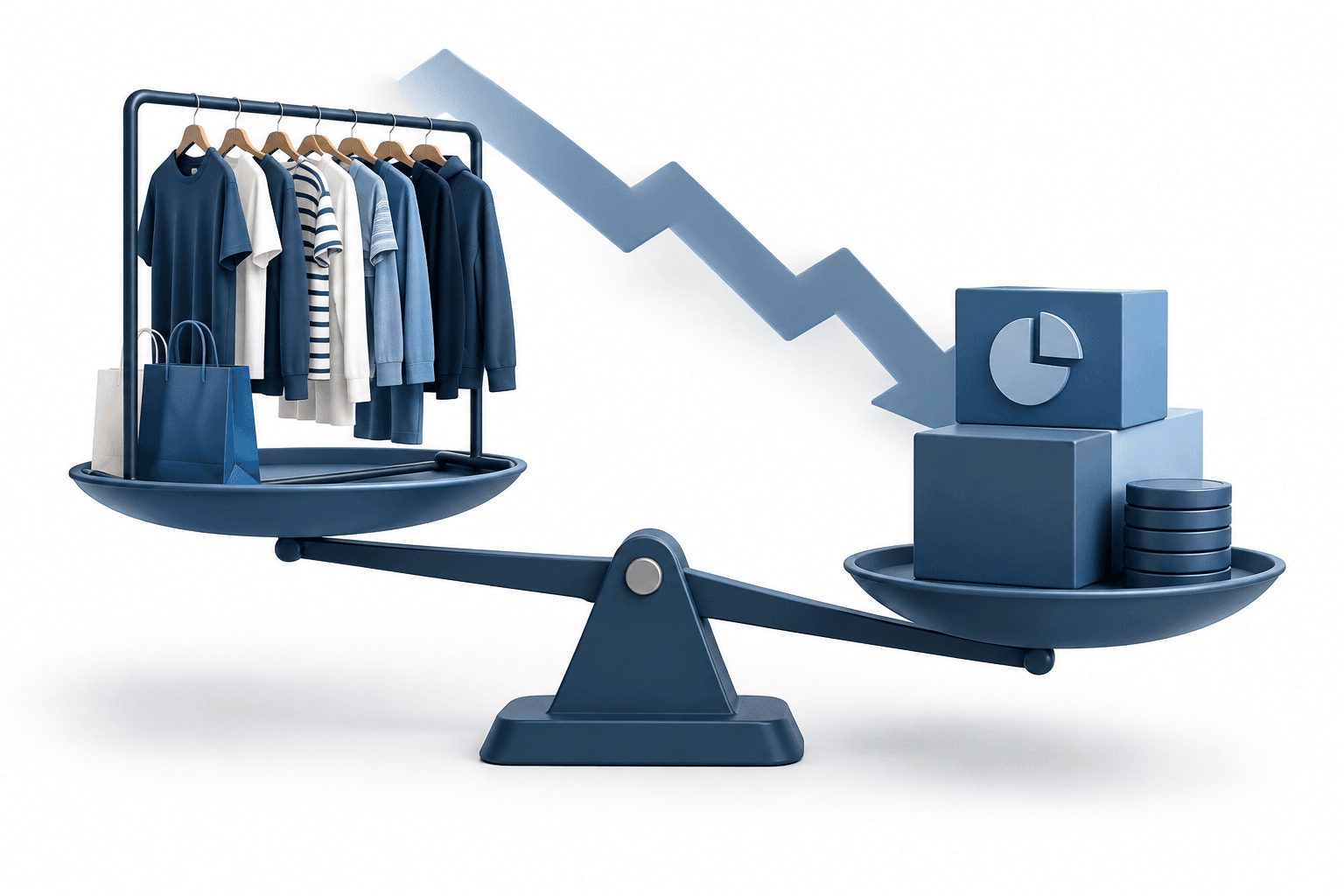 Conceptual illustration of Burlington shares pairing retail clothing with a valuation scale and a downward abstract shape.