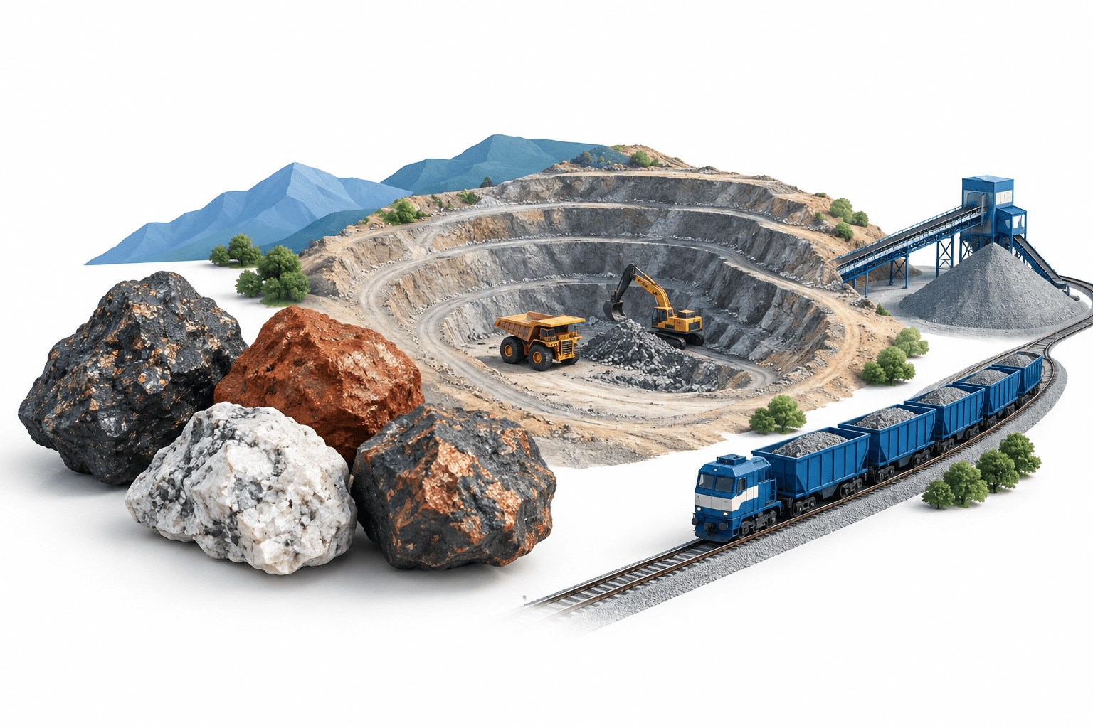Concept illustration of India mining with mineral samples, an excavation and transport infrastructure