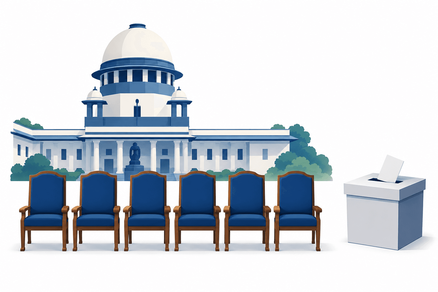 Illustration of a courthouse and legislative seats representing the Tamil Nadu resignations case