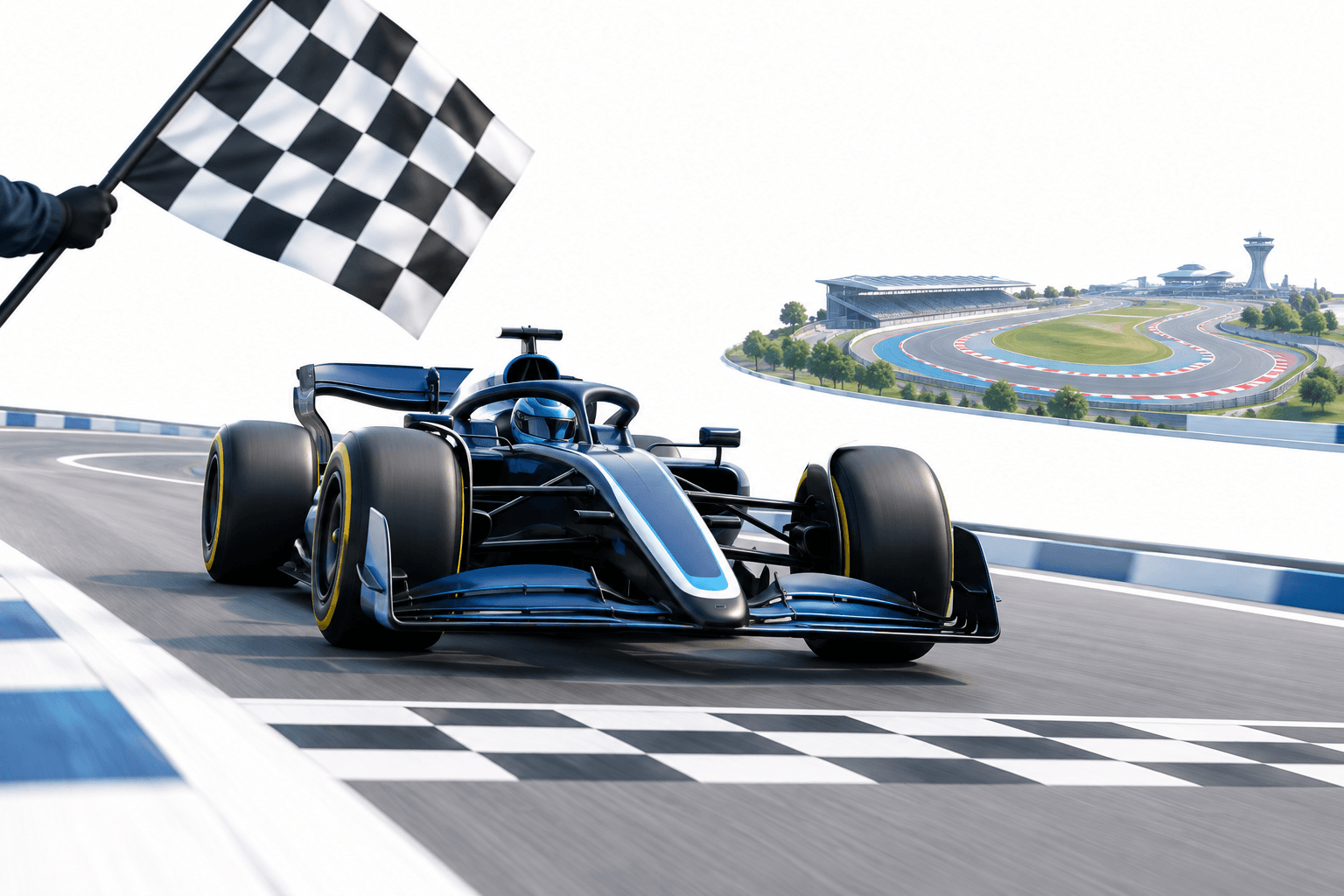 Concept illustration of a racing car and checkered flag representing the US Grand Prix
