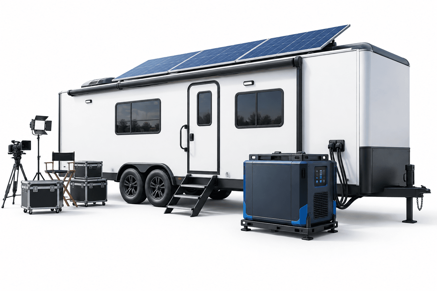Concept illustration of ECOLUXE trailers with rooftop solar panels and battery storage