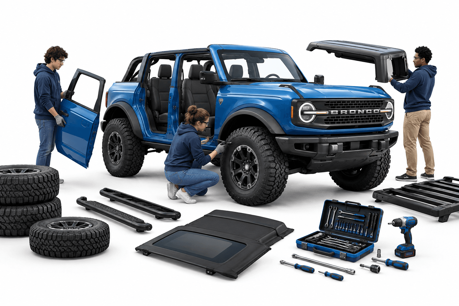 Illustration of an off-road SUV and tools for a Ford Bronco build