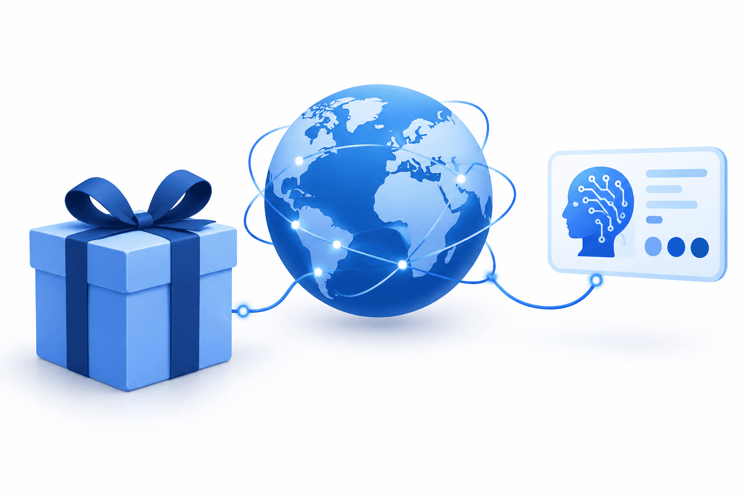 Cross-border marketing illustration with a gift box, globe and abstract AI interface