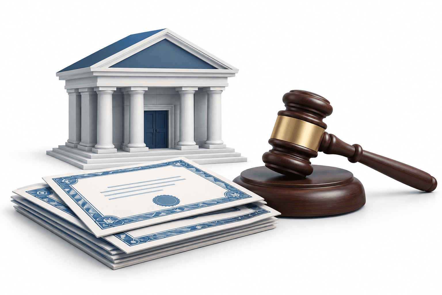 Illustration of a bank, certificates and a gavel representing the Yes Bank bonds ruling