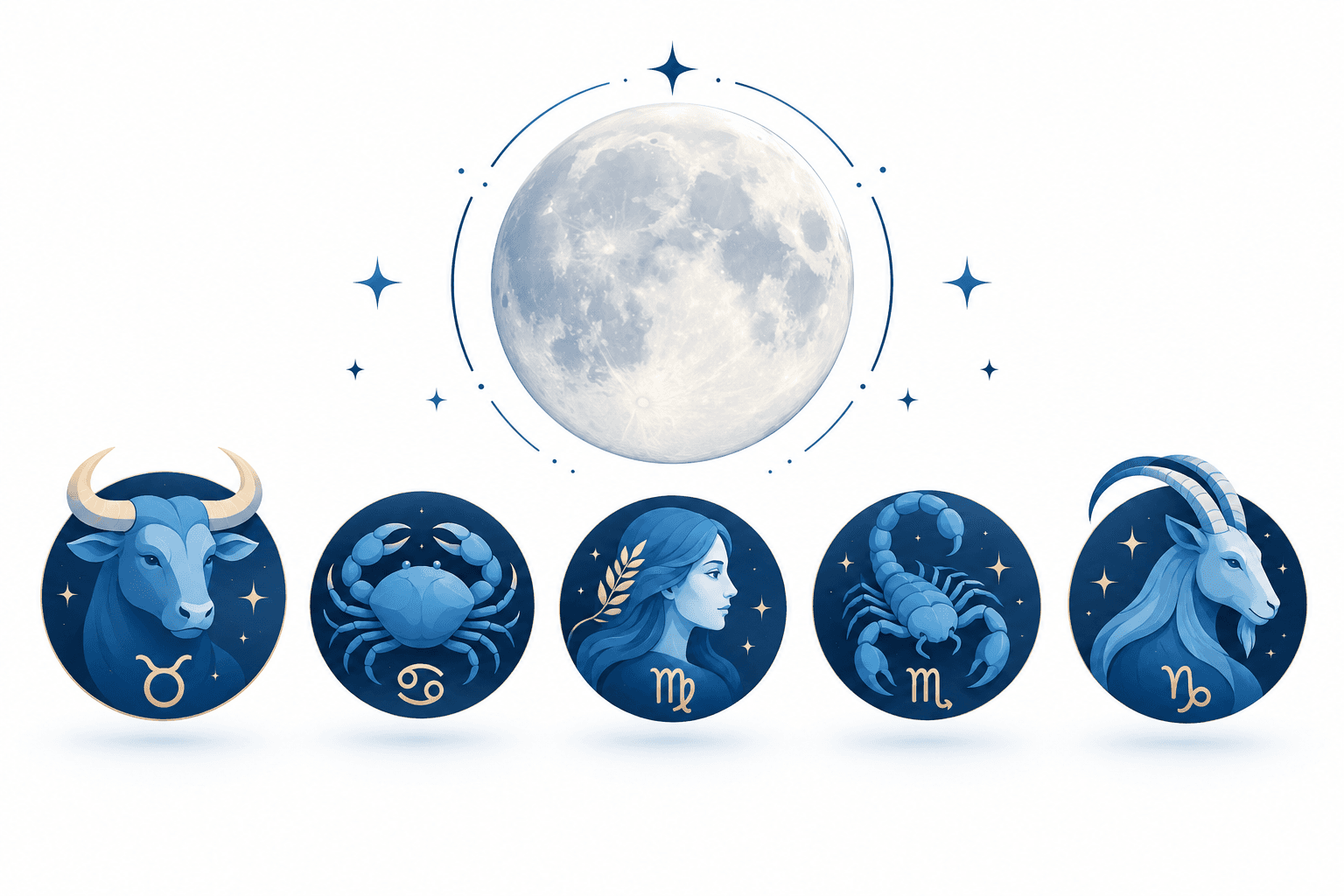 Illustration of a Taurus full moon with five zodiac-inspired celestial motifs.