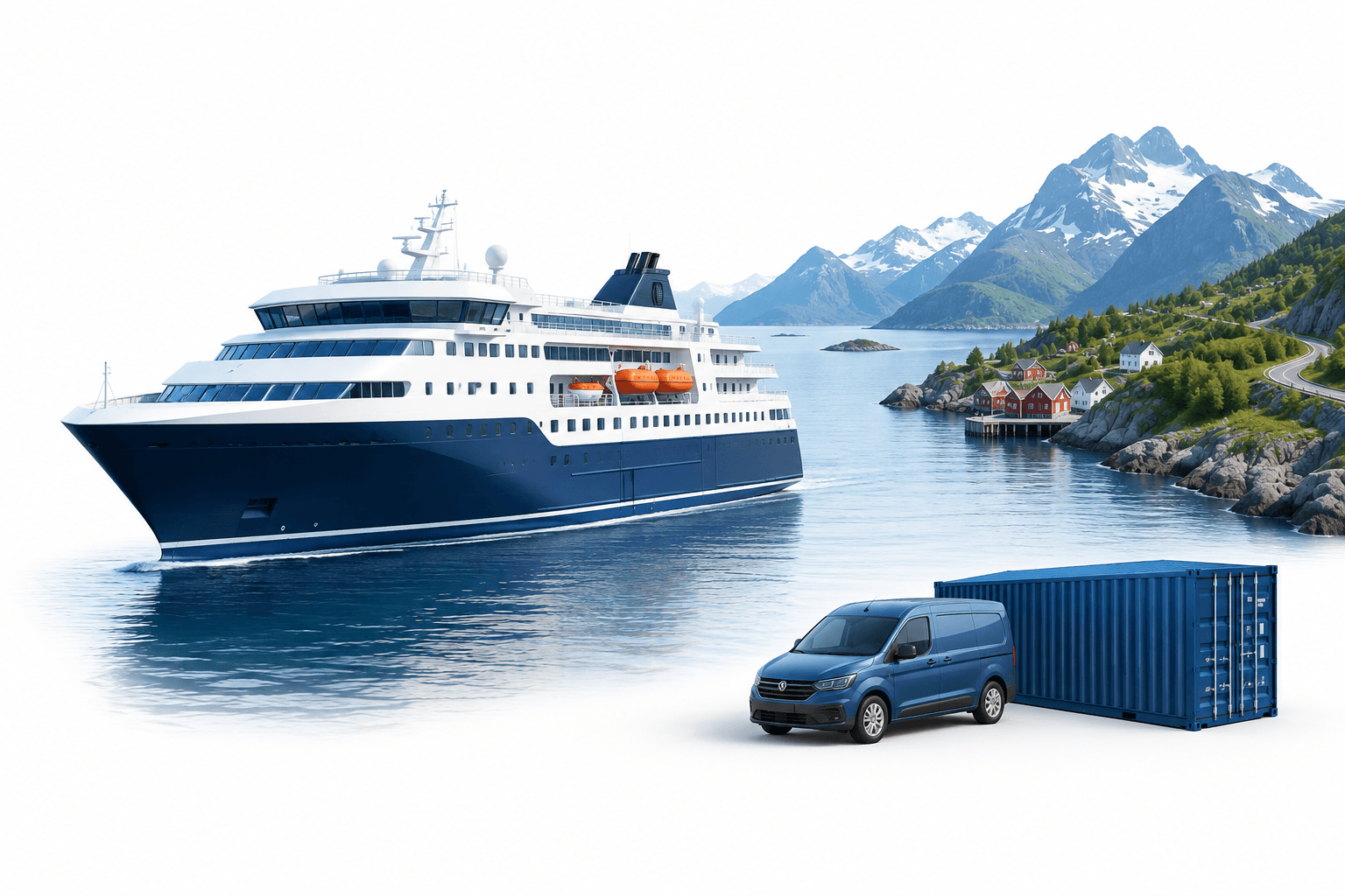 Illustration of a vessel, car and cargo representing the Havila coastal contract