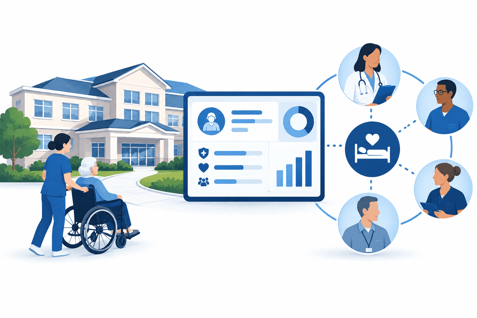 Illustration of a care facility, dashboard and connected care team for the LTC ACO summit