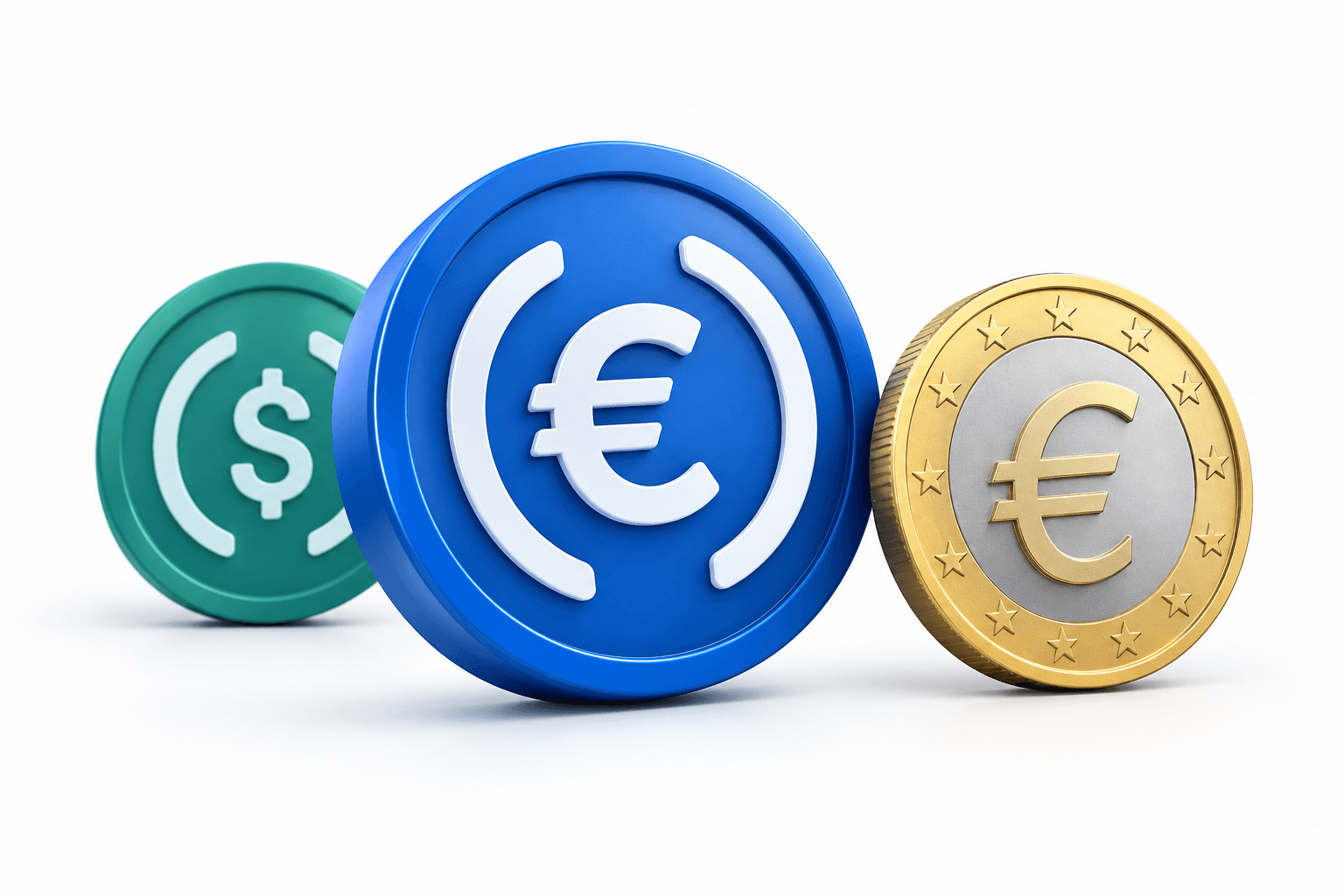Concept illustration of USDC euro trading with abstract stablecoin tokens and a euro coin