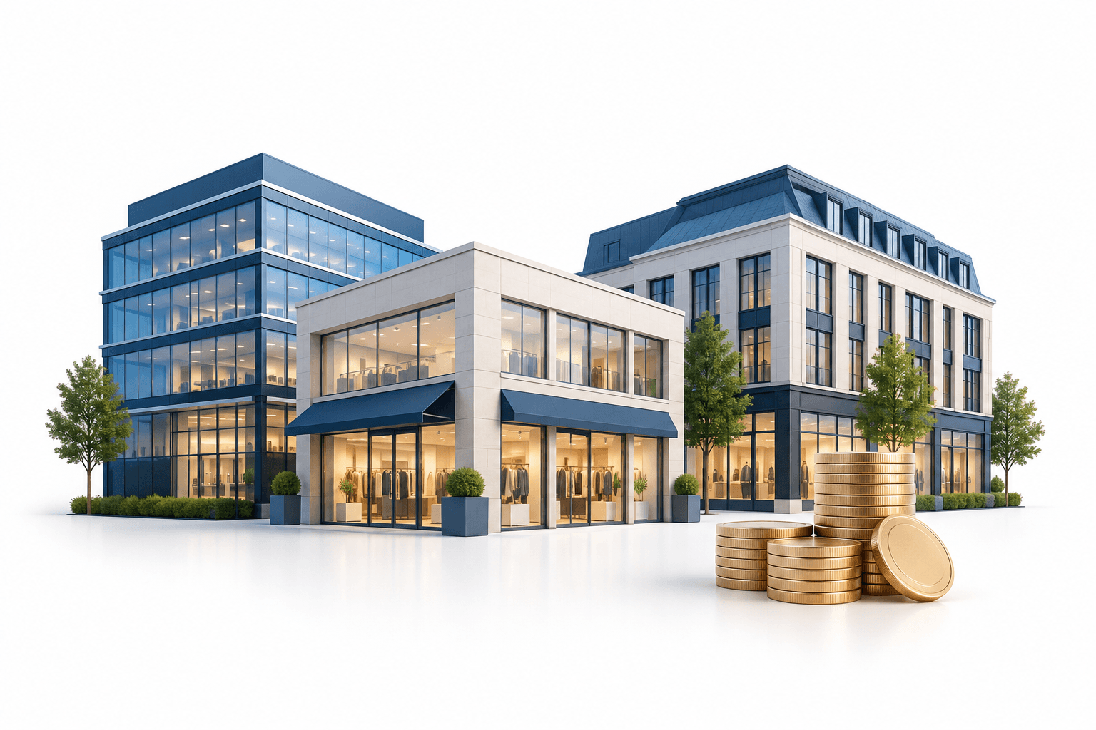 Illustration of commercial buildings and coins representing Vastned earnings
